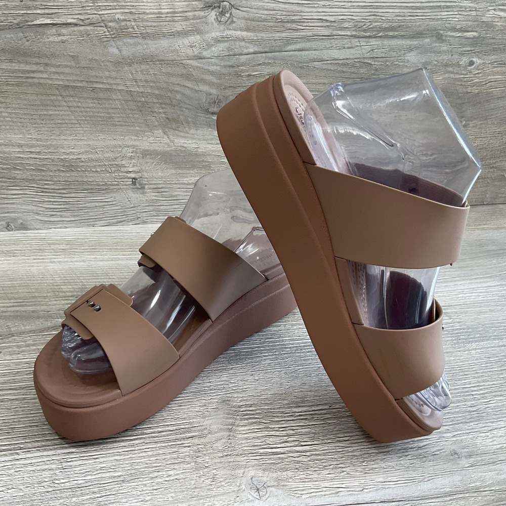 Crocs Lite Ride Beige Brooklyn Platform Sandals Mid Wedge Buckle Slide Women's 9 - Picture 4 of 15